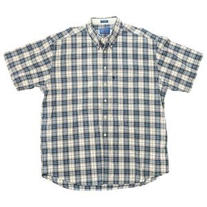 Pendleton Woolen Mills XL Button Shirt Men's Blue Cream Plaid Polo Short Sleeve